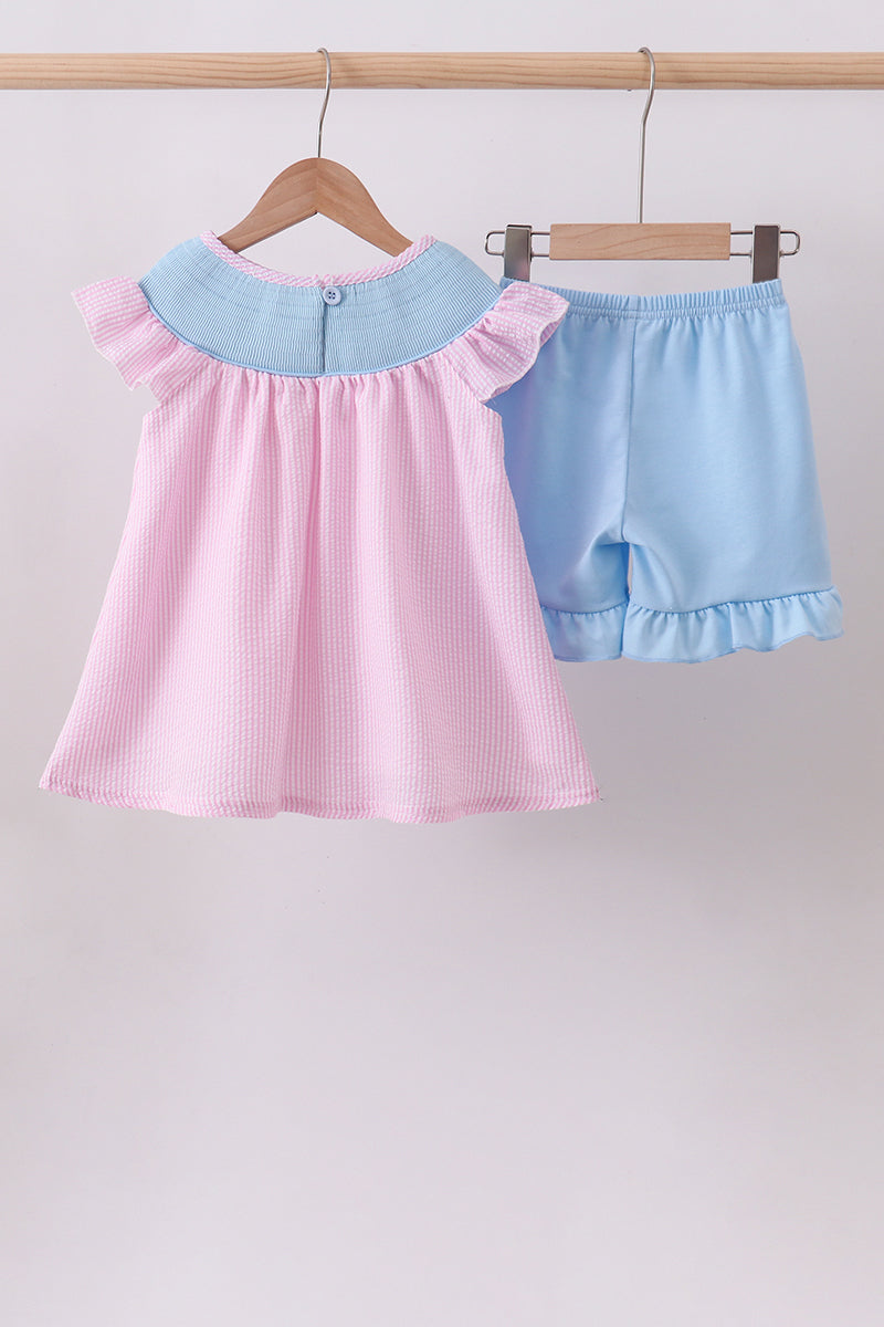 Pink Seerucker Animal Smocked Ruffle Short Set