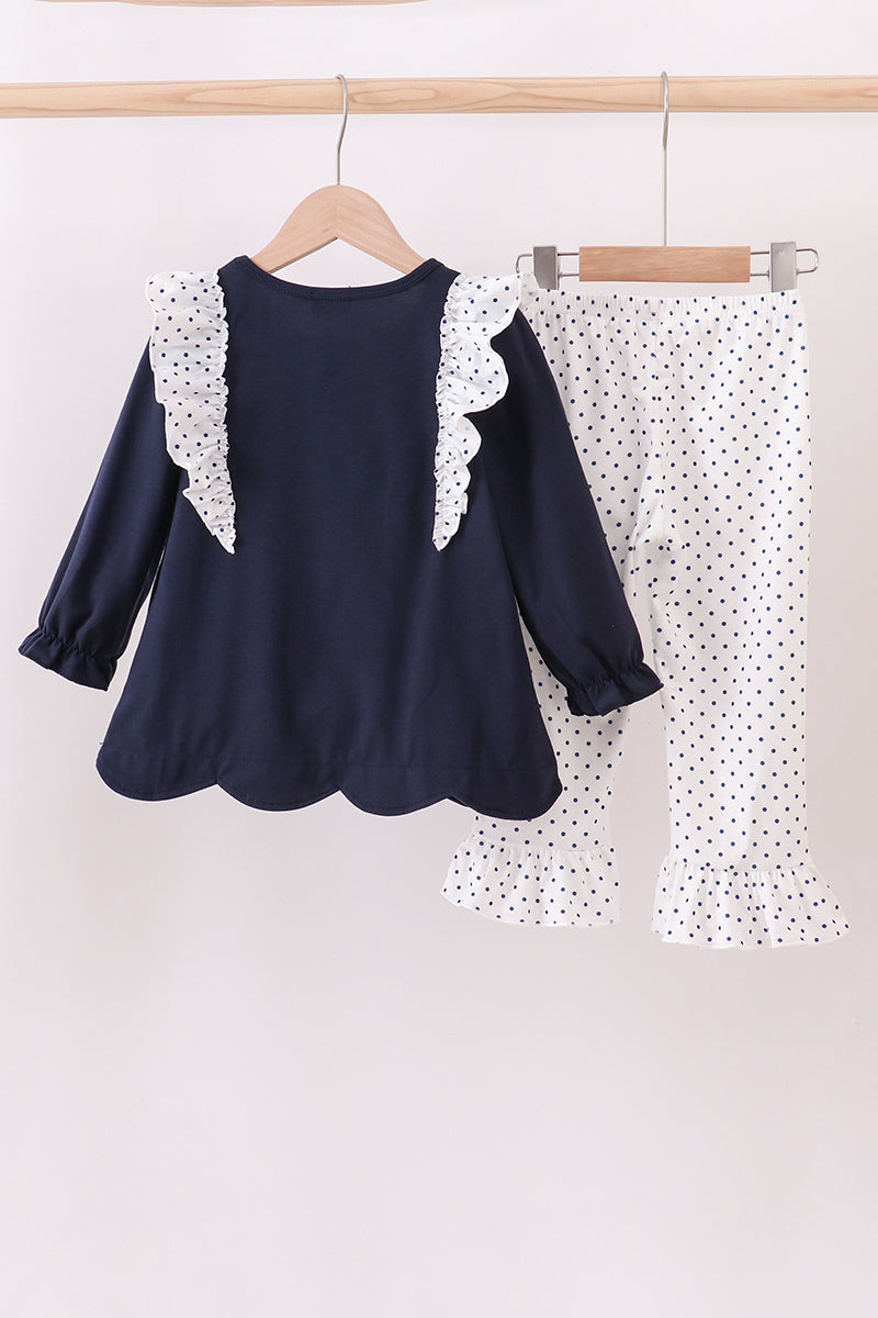 Navy Nativity Embroidery Ruffle Pant Set
