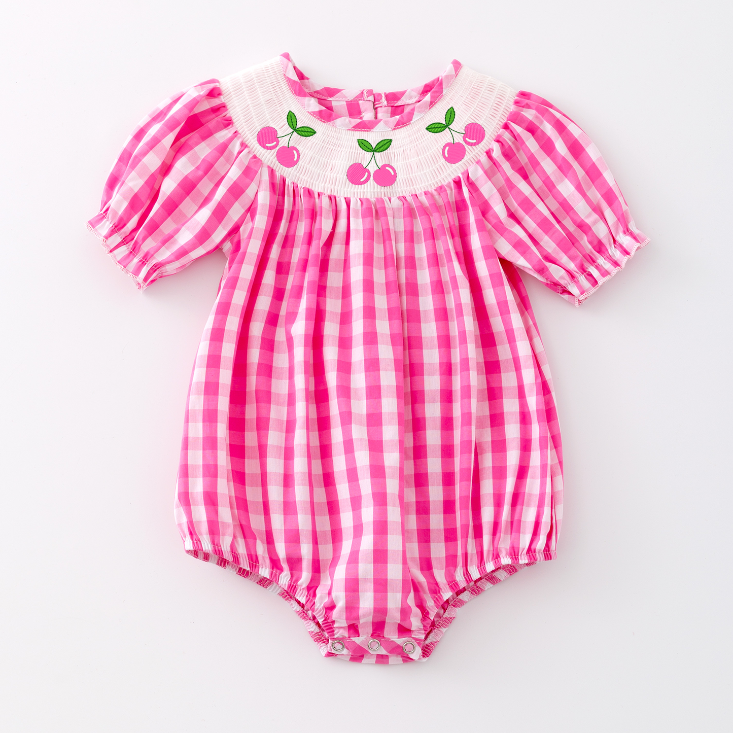 Baby Toddler Pink Plaid Cherry Smocked Romper: 3-6M