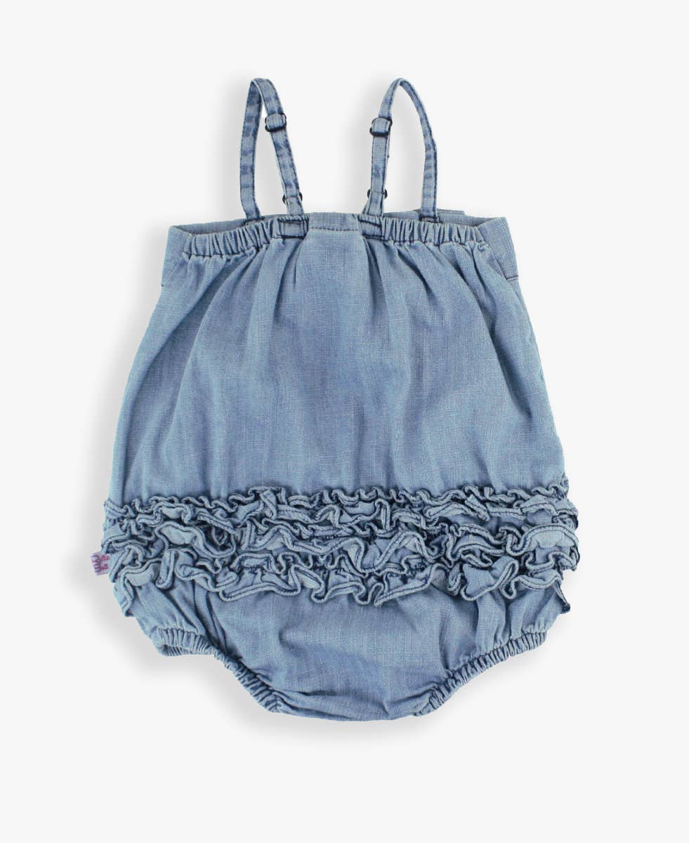 Baby Girls Light Wash Denim Bow Front Bubble Woven Romper