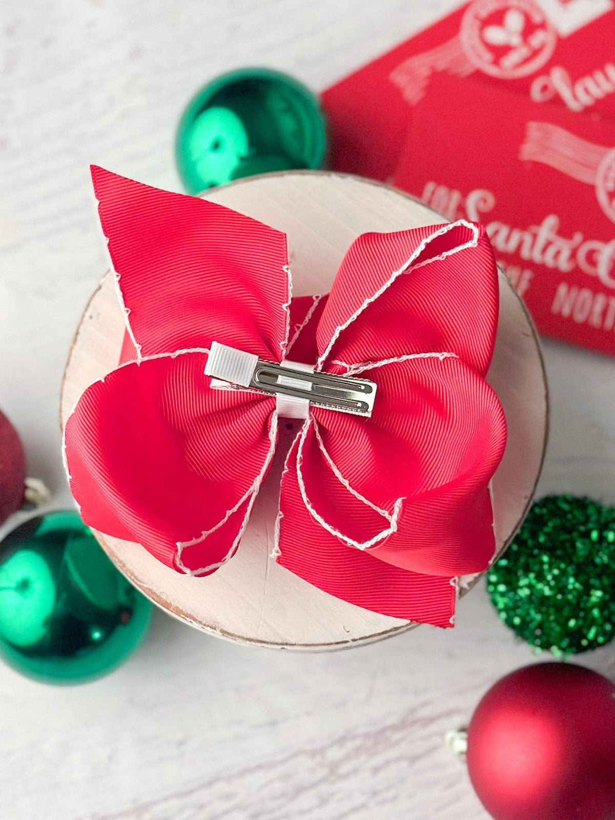 Santa Embroidered Hair Bow | Clip or Headband: Clip