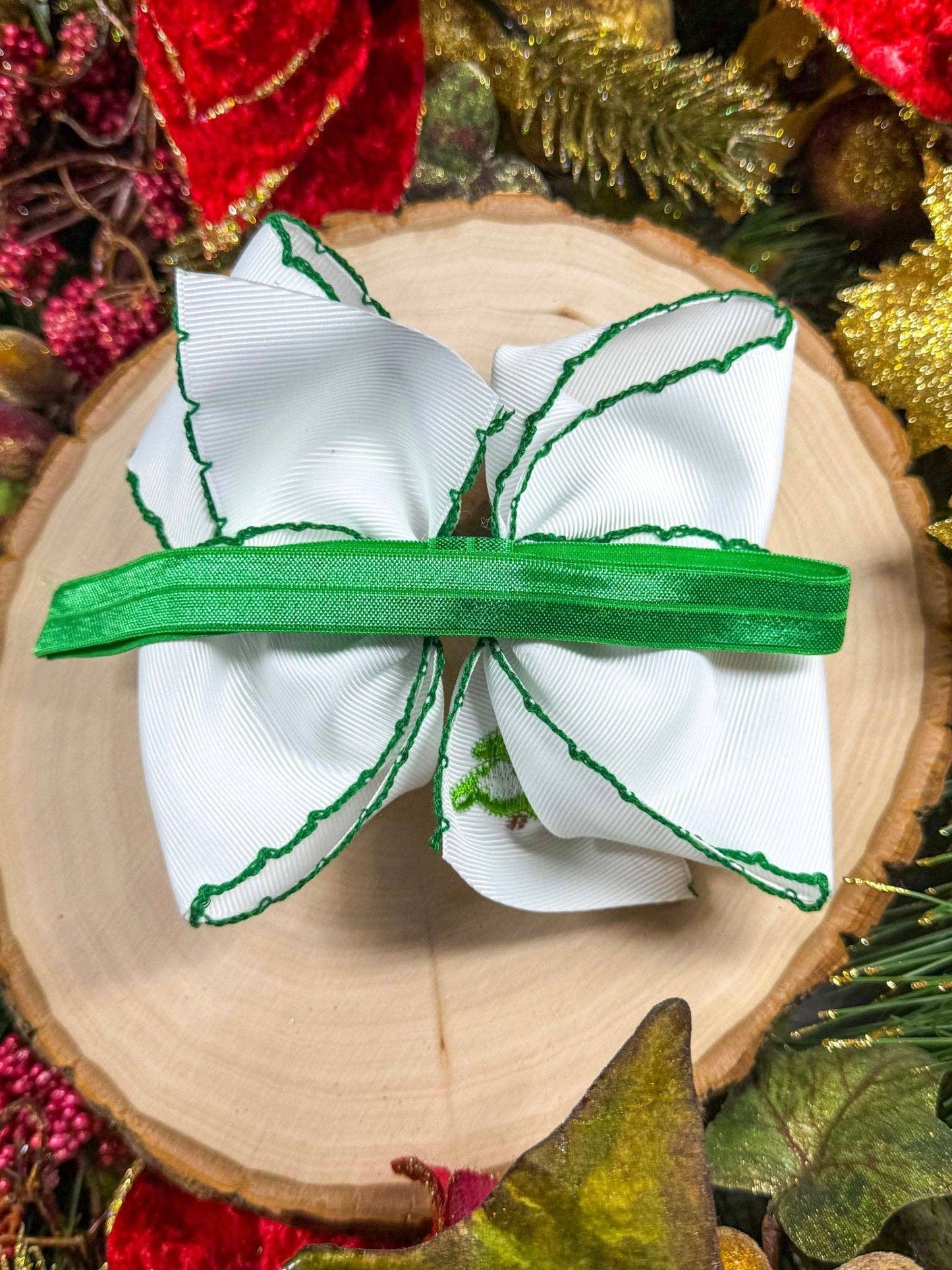 Christmas Tree Embroidered Hair Bow | Clip or Headband: Clip