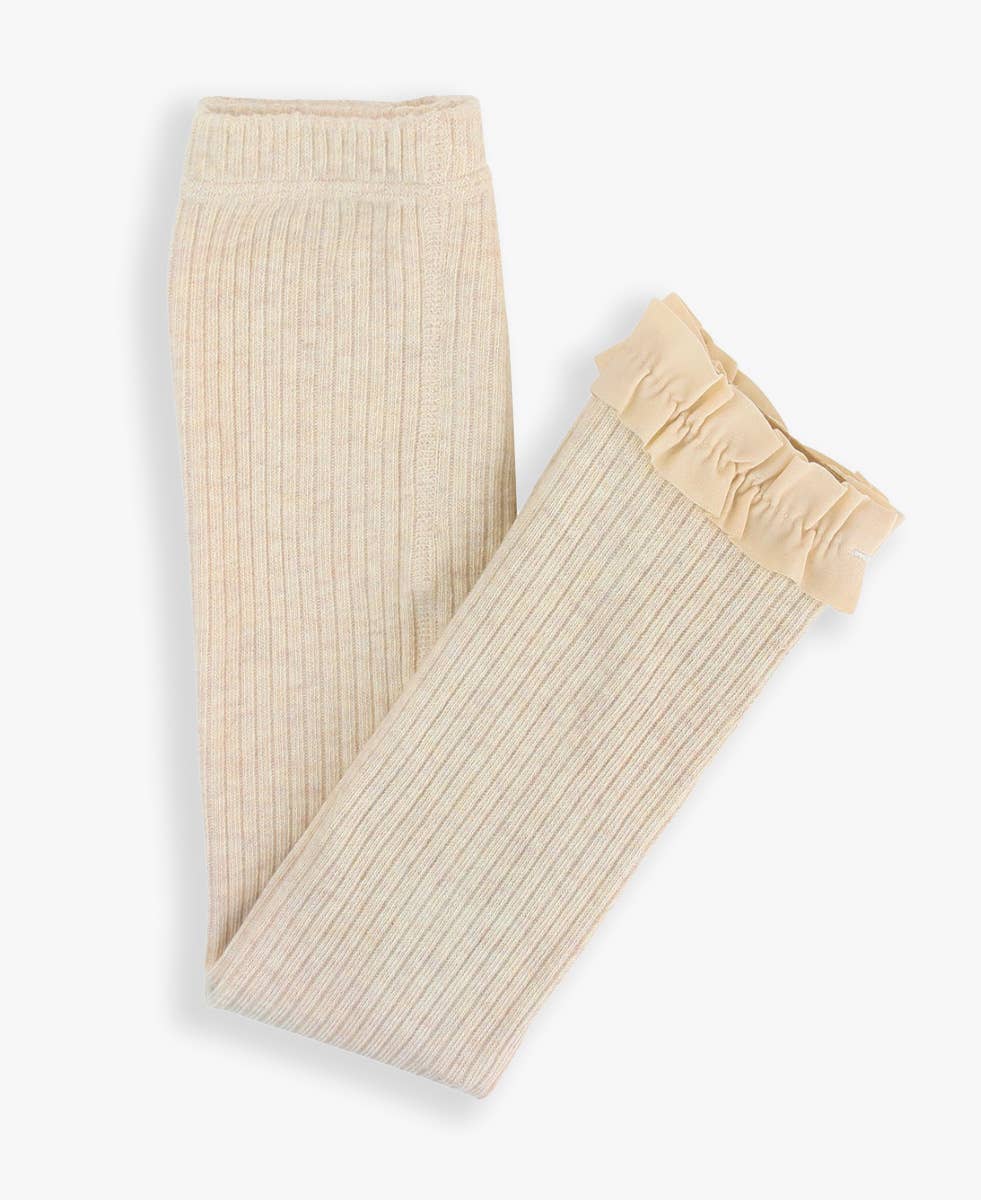 Girls Heather Oatmeal Rib Knit Footless Ruffled Tights: Off-White