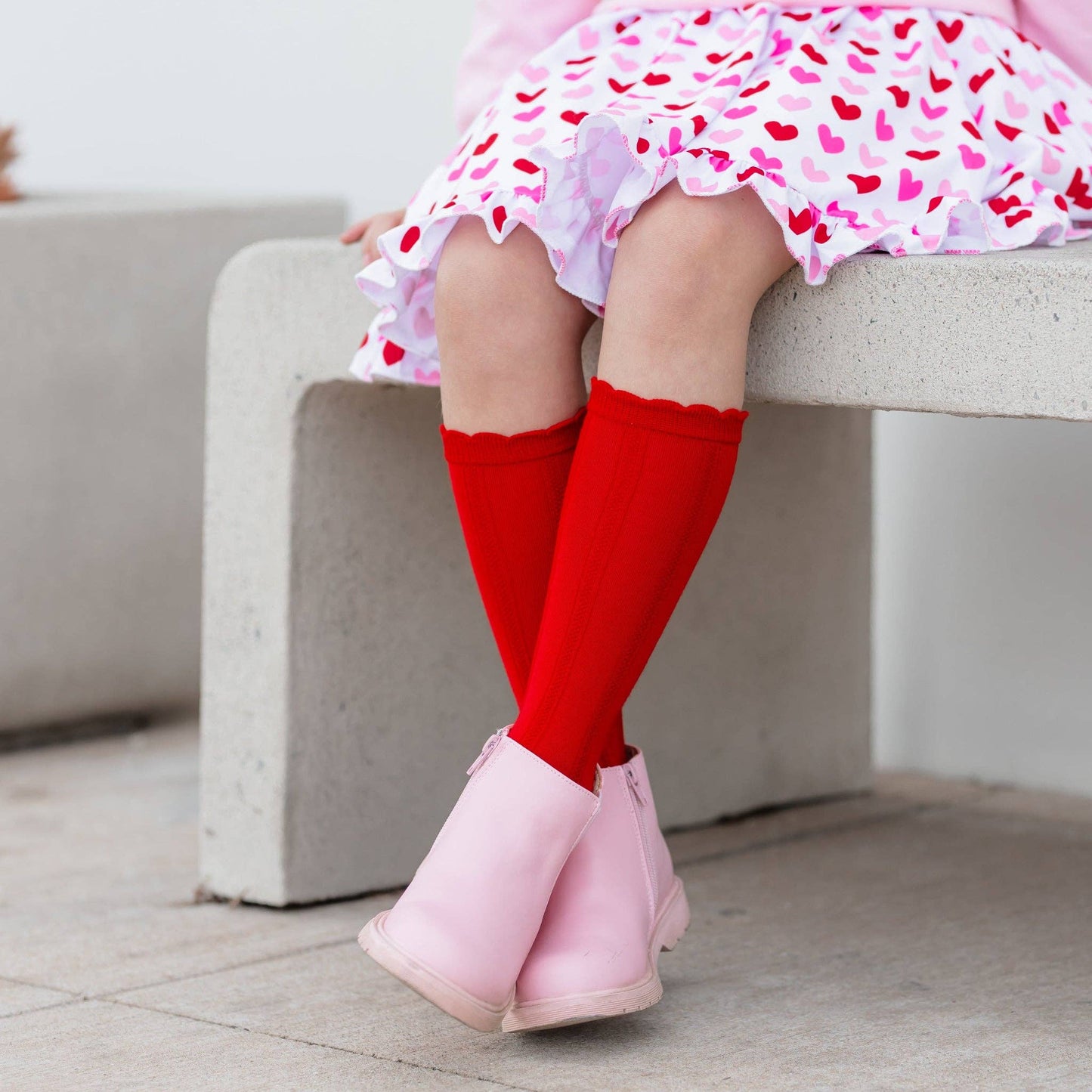 Bright Red Scalloped Knee High Socks: 1.5-3 YEARS