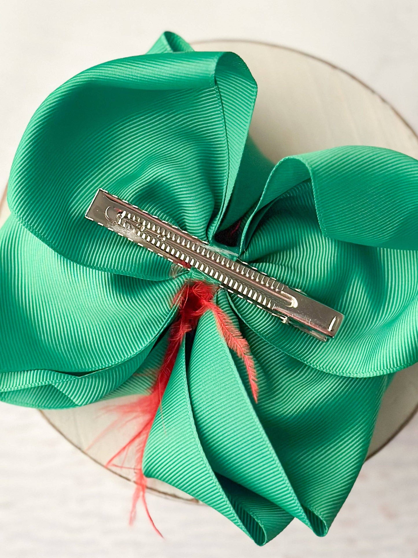 Green & Red Feather Puff Hair Bow - Alligator Clip - 6"