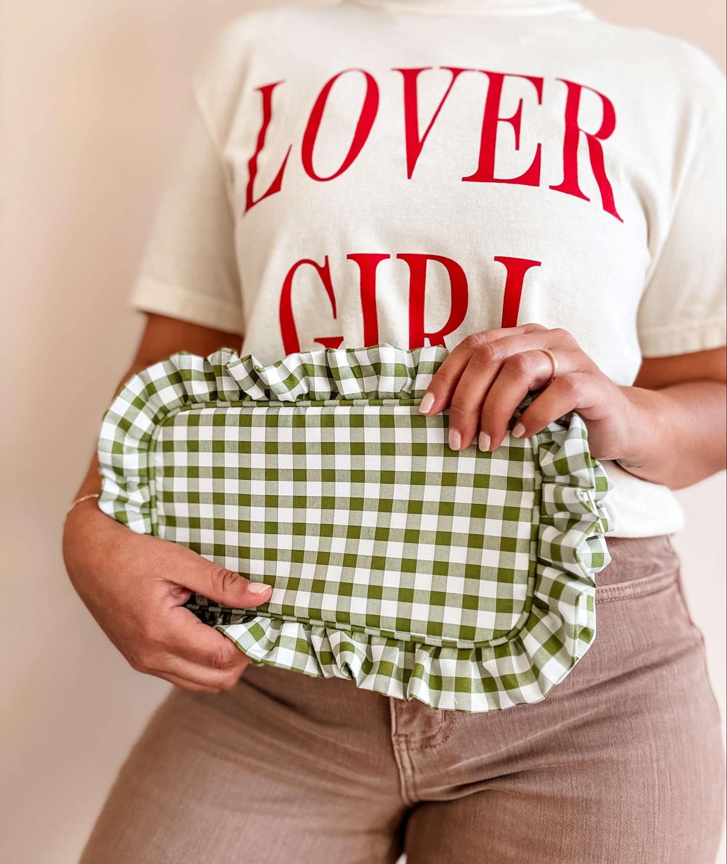 Gingham Ruffle Zipper Pouch Embroidery Friendly Cosmetic Bag: Peach