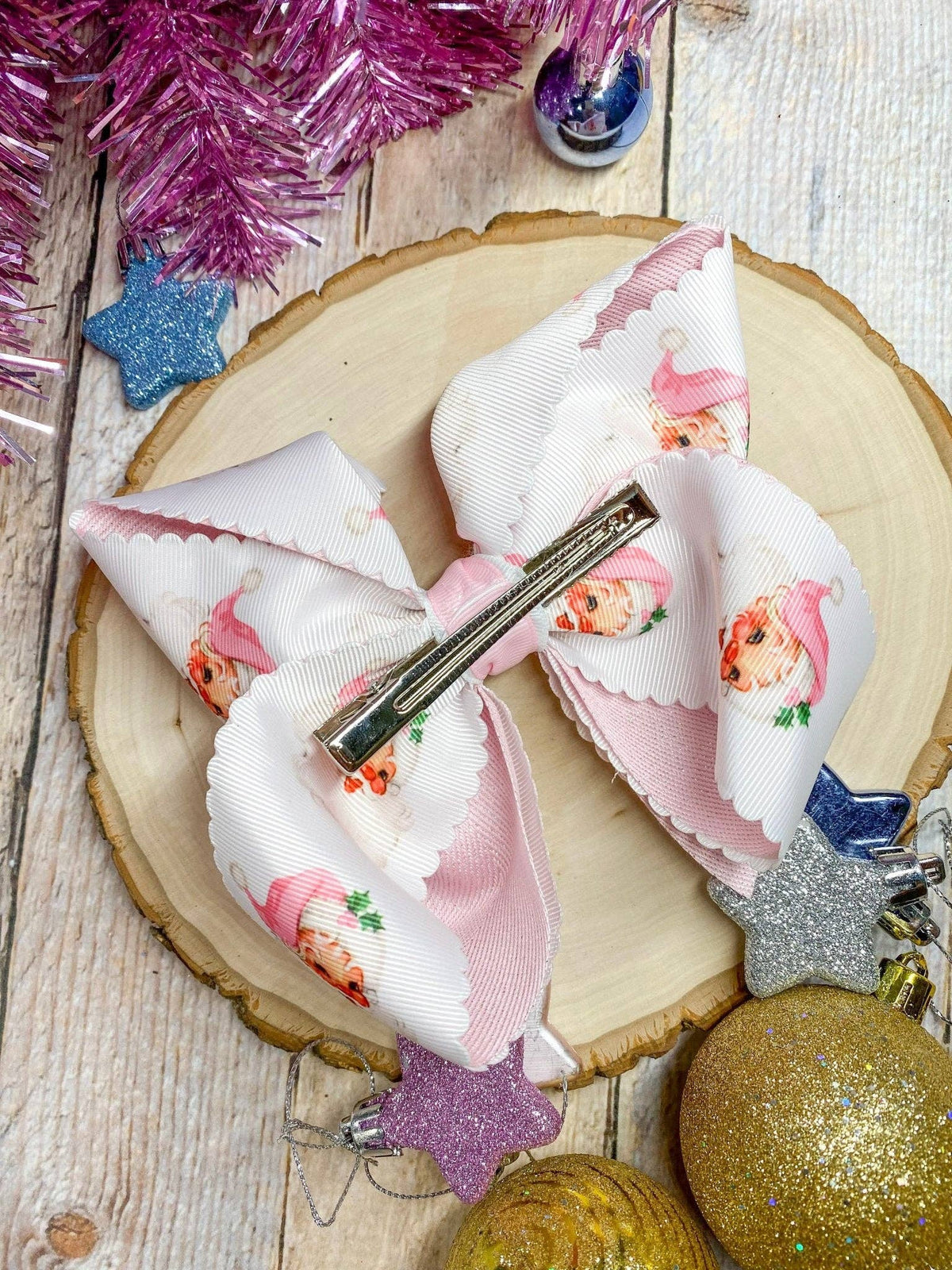 Scalloped Santa Print Glitter Hair Bow in Pink