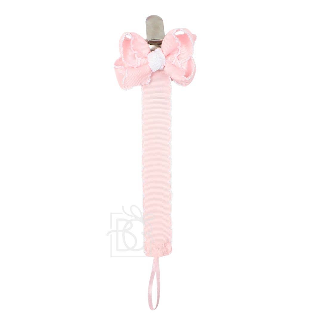 Crochet Edge Grosgrain Pacifier Clip w/ Detachable Bow: Light Pink w/ White Crochet Edge