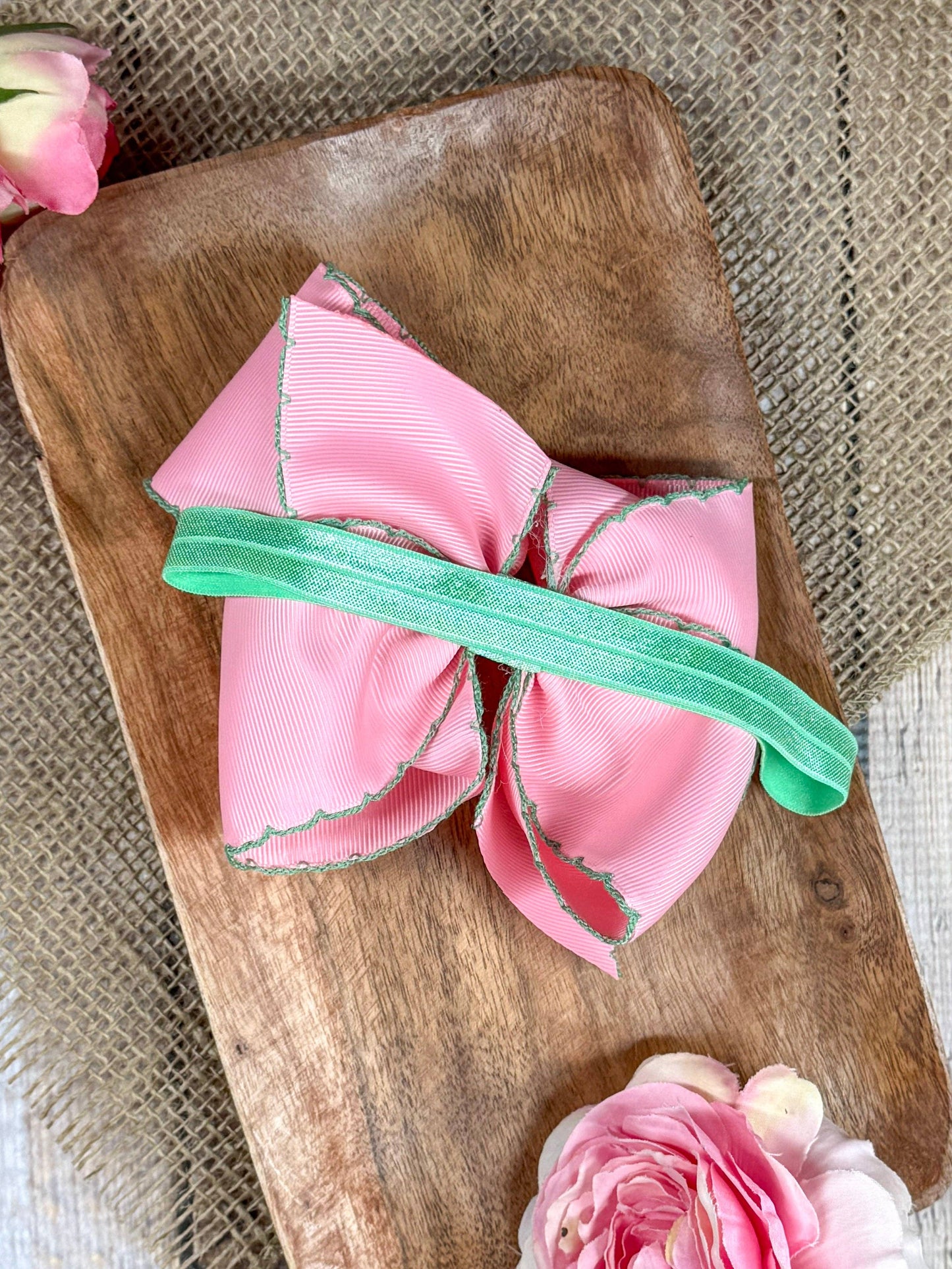 Pink with Green Moonstitch Bow Headband