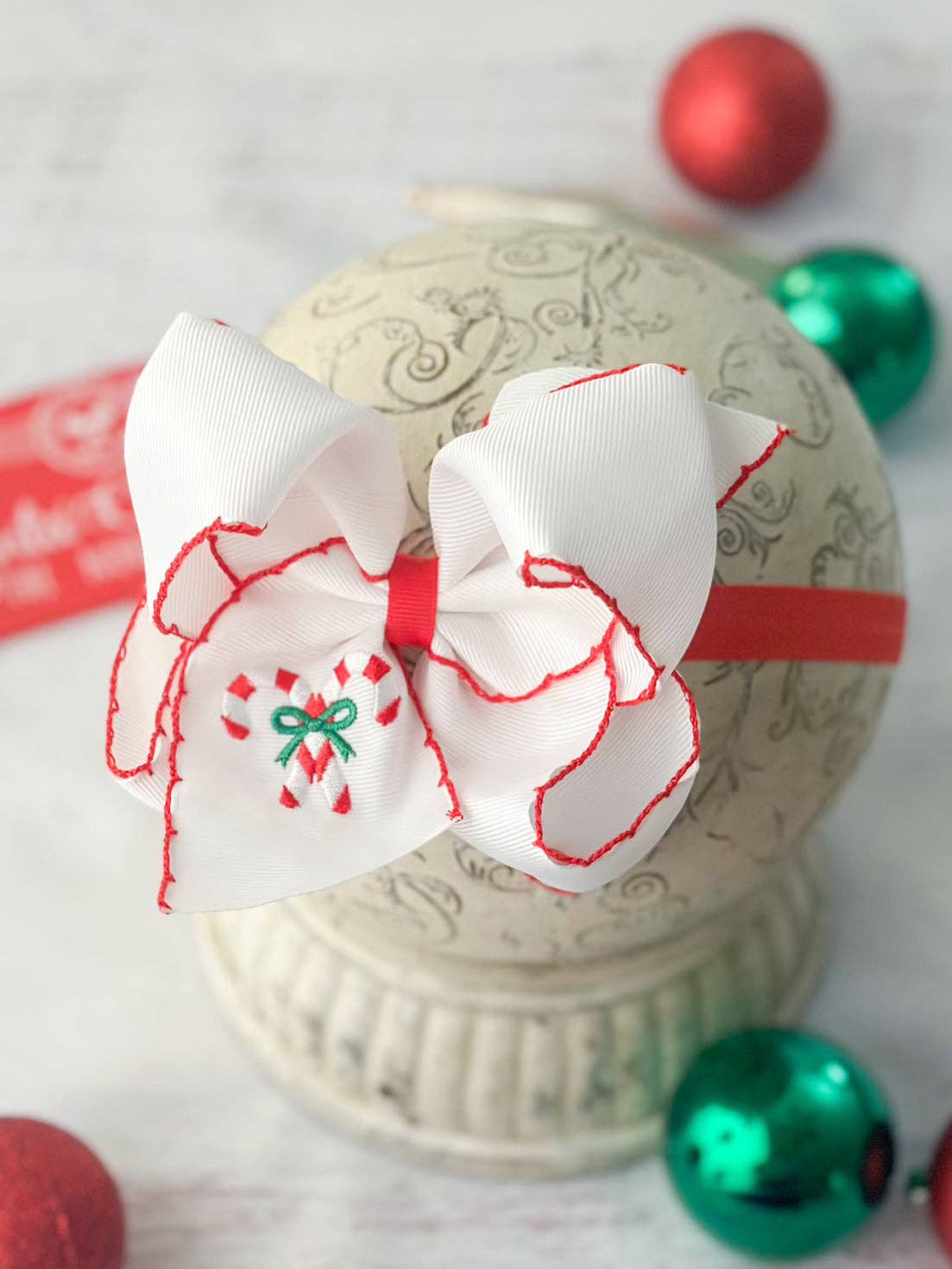 Candy Cane Embroidered Hair Bow | Clip or Headband: Clip