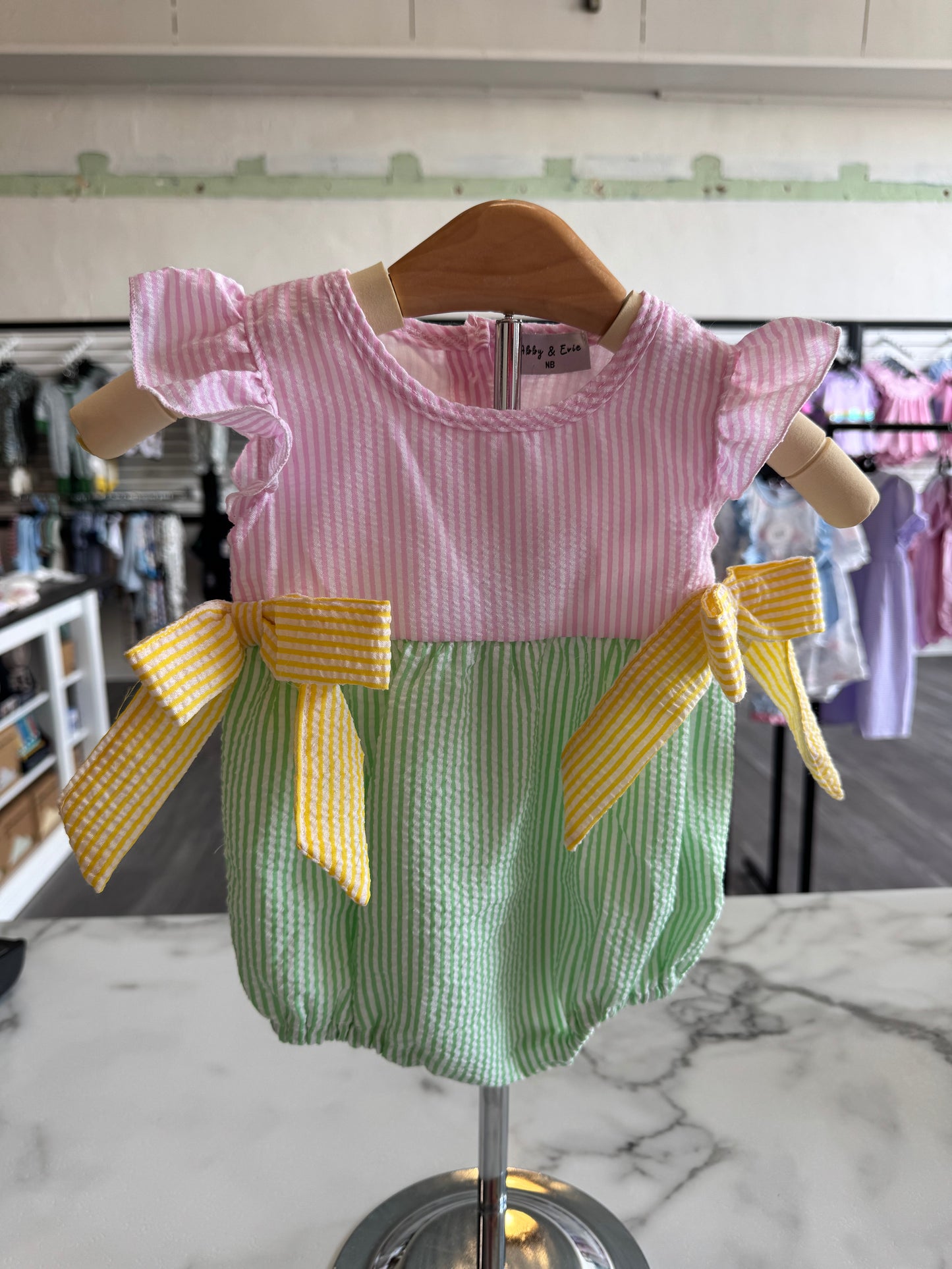 Pink Flutter Trim Seersucker Ruffle Bubble