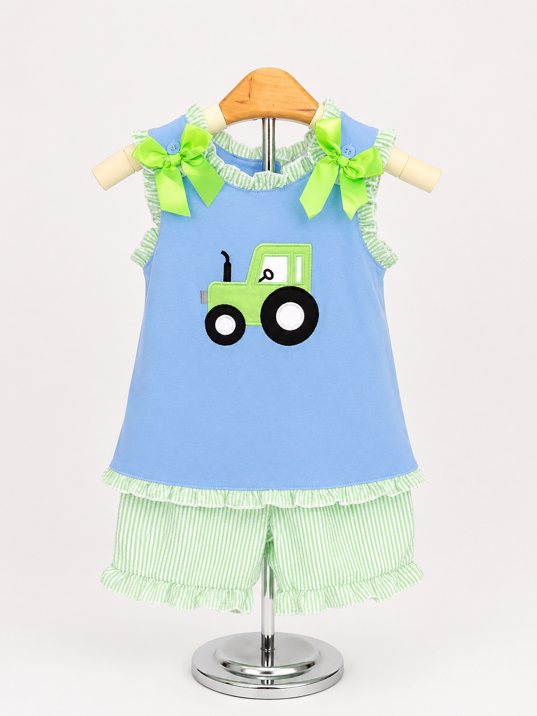 Blue Tractor Seersucker Girl Set