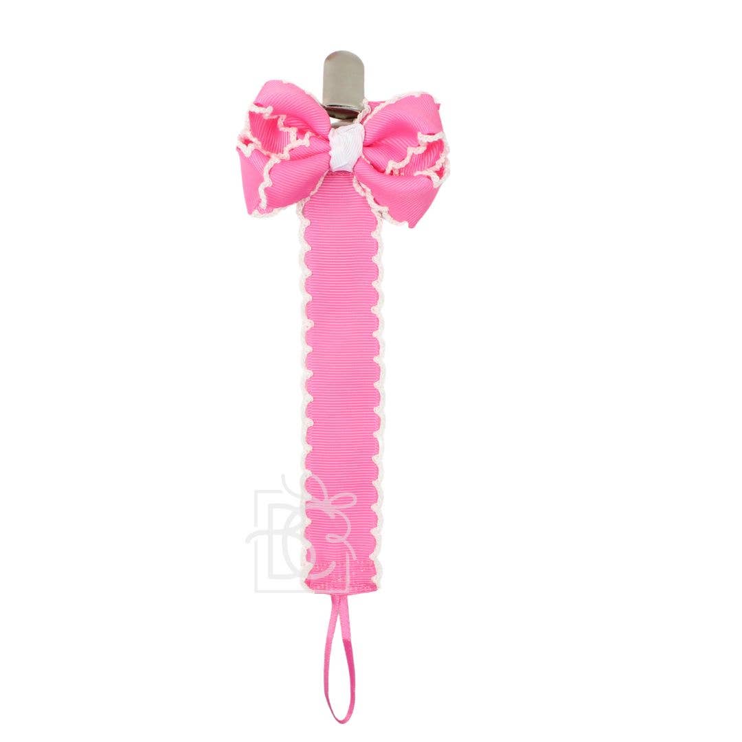 Crochet Edge Grosgrain Pacifier Clip w/ Detachable Bow: Hot Pink W/ White Crochet Edge