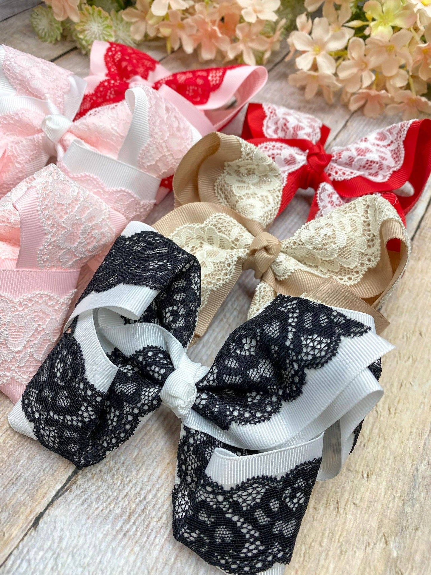 Chantilly Lace Two-Tone Bow | Classic Lace Baby & Toddler Hair Bow: White with Black / Hair Bow on Double Prong Clip