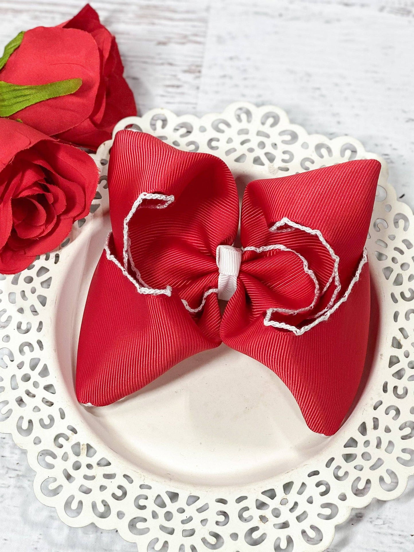 Red with White Moonstitch Bow