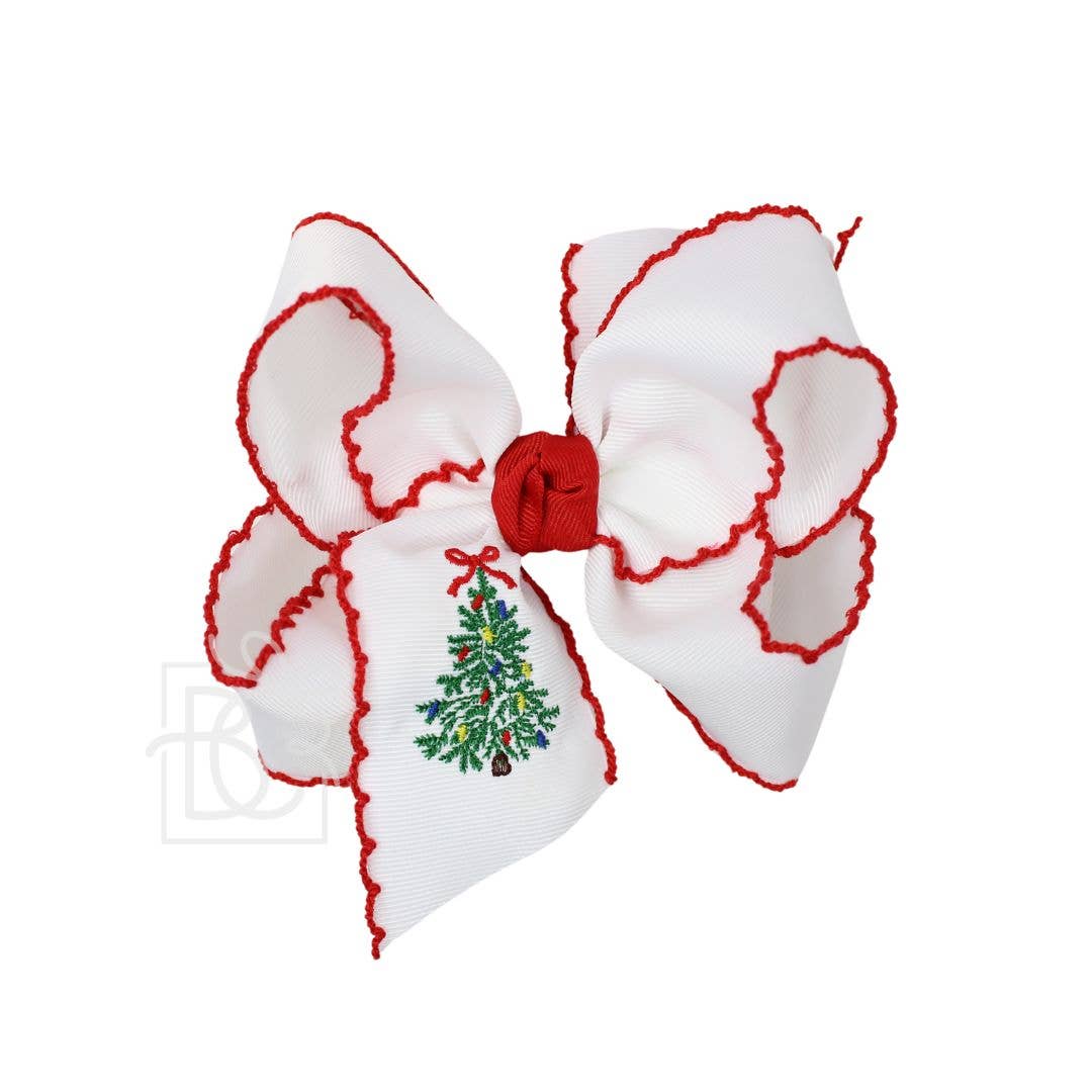 EMBROIDERED CHRISTMAS TREE CROCHET EDGE BOWS: White w/ Red Crochet Edge / 5.5" Huge