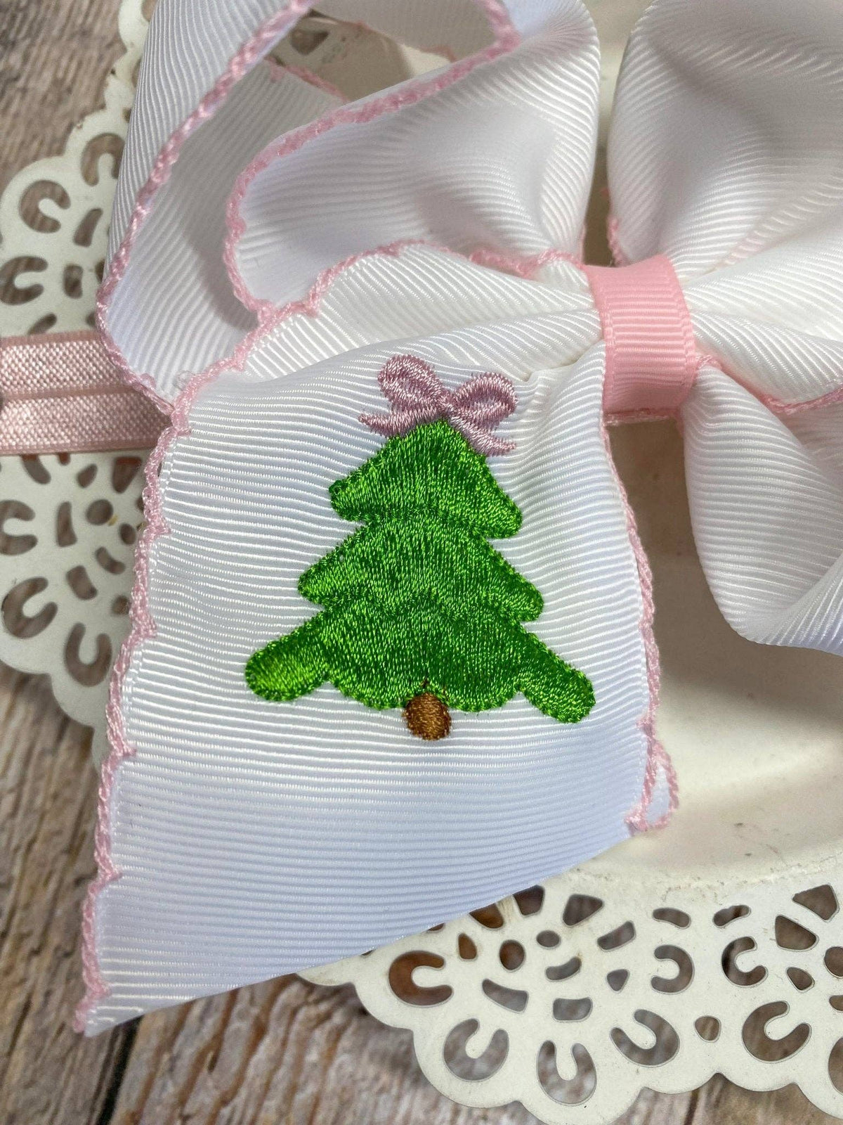 Pink Christmas Tree Embroidered Hair Bow | Clip or Headband: Clip