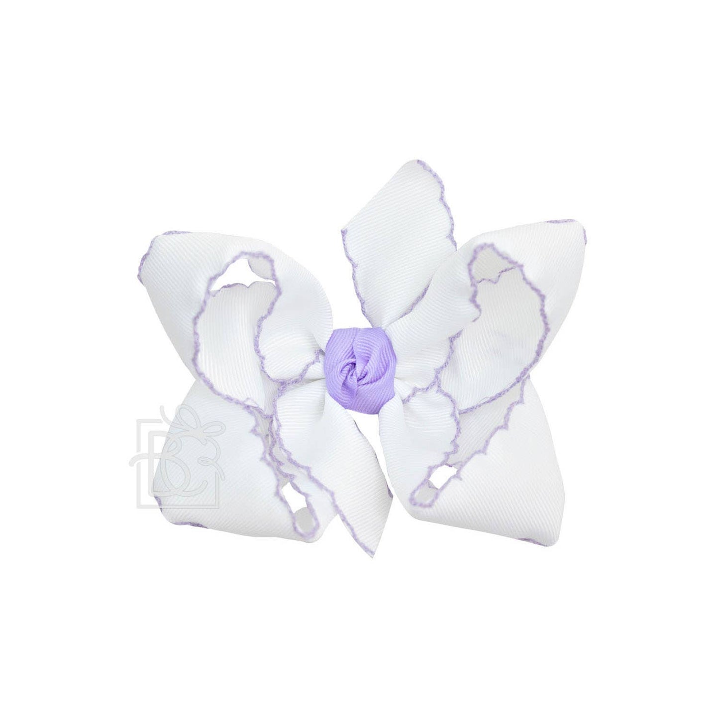 CROCHET EDGE RIBBON BOW ON CLIP: 5.5" Extra Large - 2.25" Ribbons on Alligator Clip / WHITE/LT. ORCHID