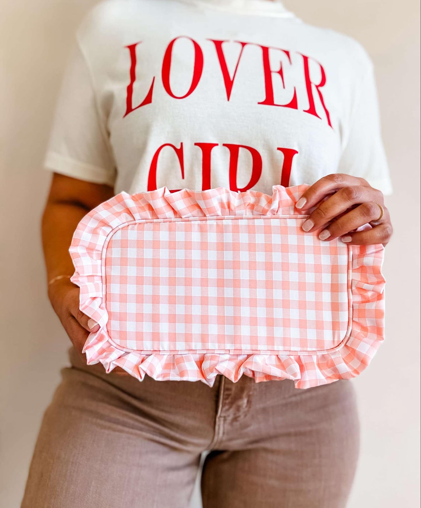 Gingham Ruffle Zipper Pouch Embroidery Friendly Cosmetic Bag: Black