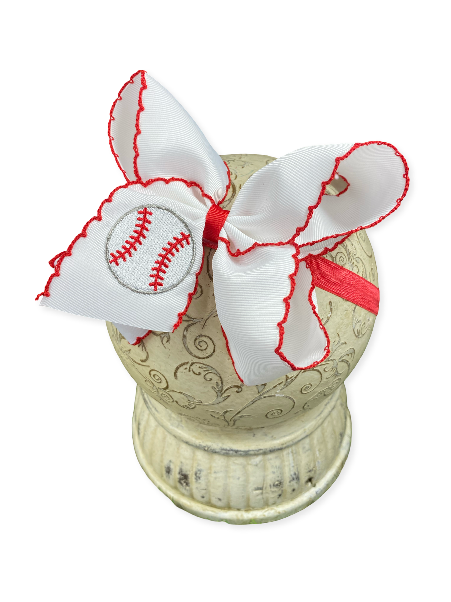 Moonstitch Embroidered Baseball Classic Hair Bow | Clip or Headband: Satin Elastic Headband