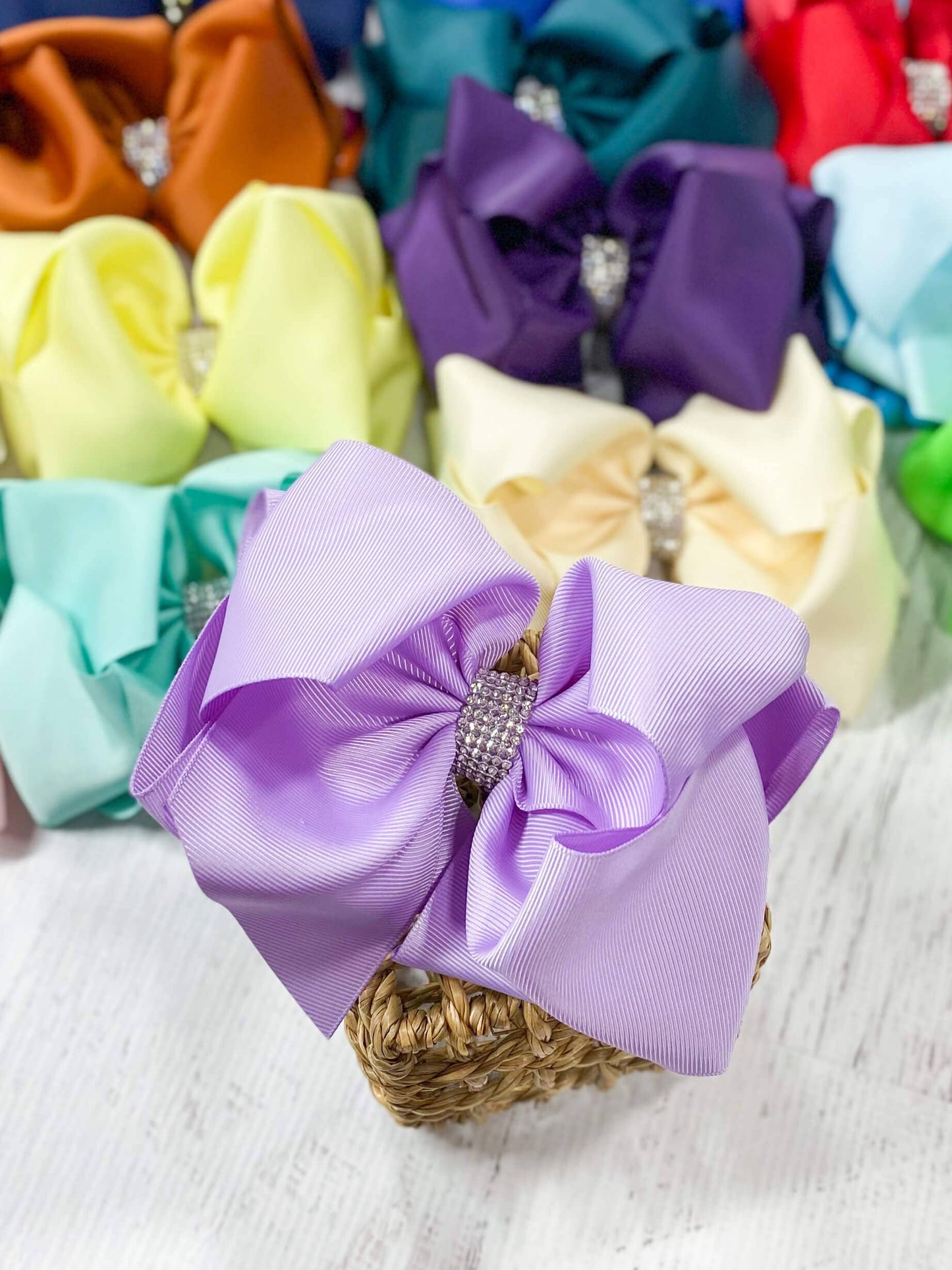 Oversize Rhinestone Hair Bows - French Clip - 5.5": Purple