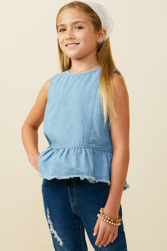 Girls Buttoned Back Denim Peplum Tank: Light Denim / Pack