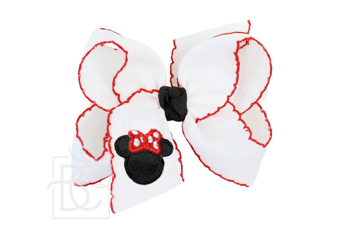 EMBROIDERED FIGURE ON CROCHET EDGE BOWS: White w/ Red Crochet Edge / 5.5" Huge
