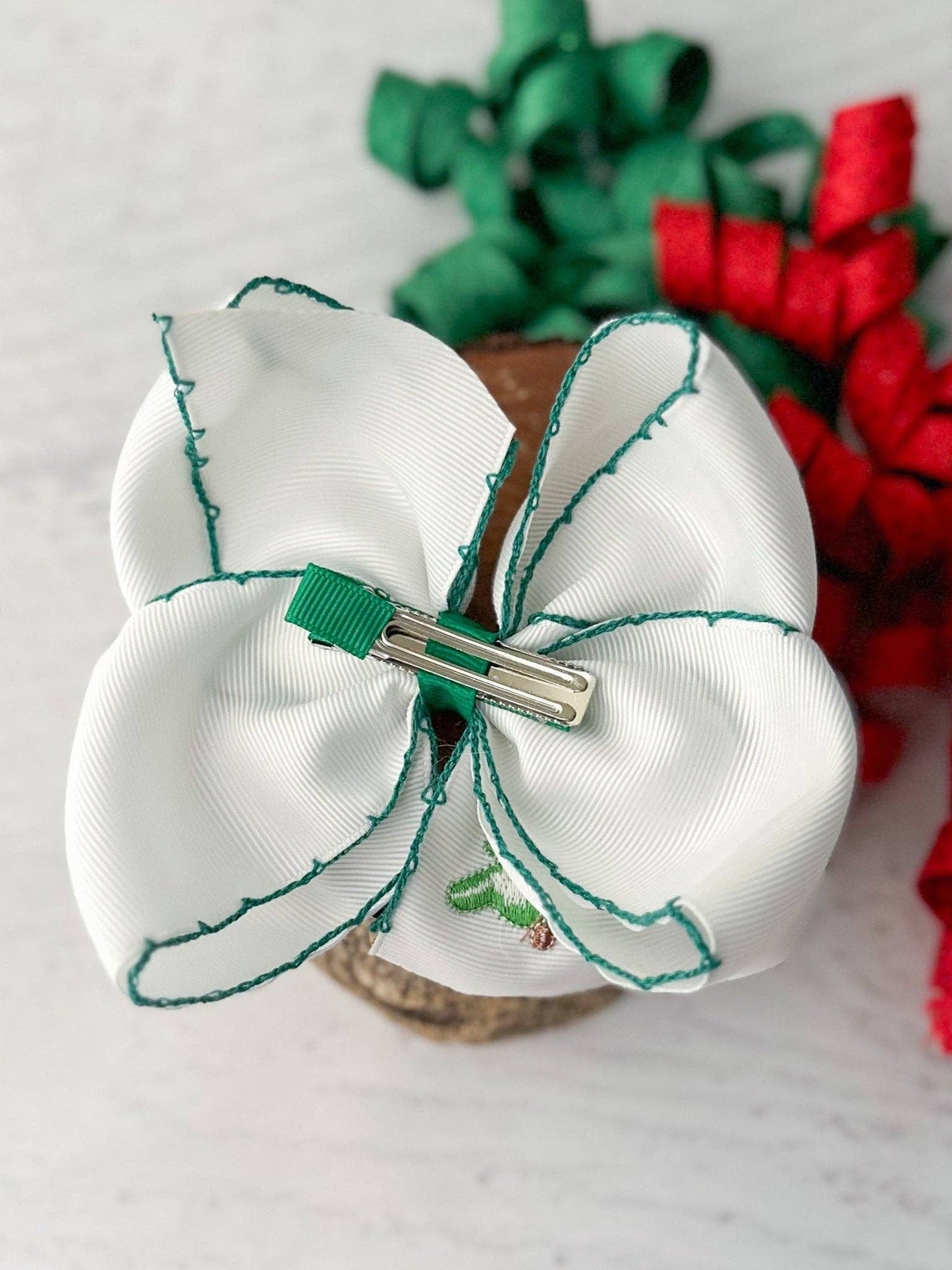 Christmas Tree Embroidered Hair Bow | Clip or Headband: Clip