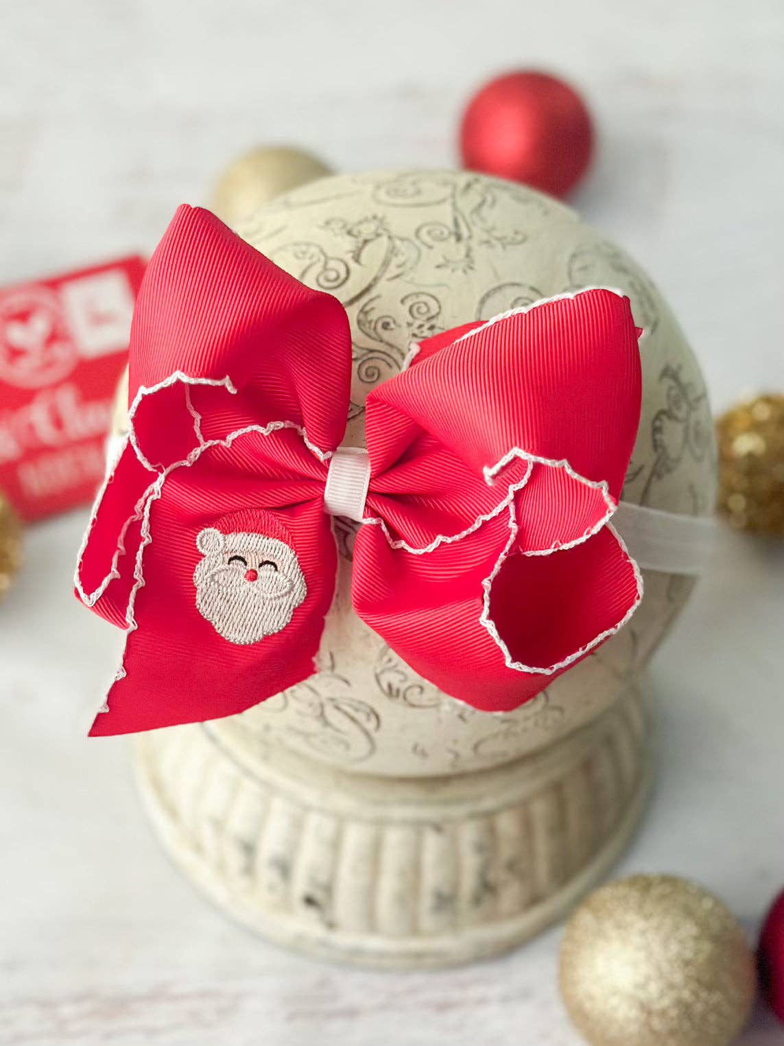 Santa Embroidered Hair Bow | Clip or Headband: Clip