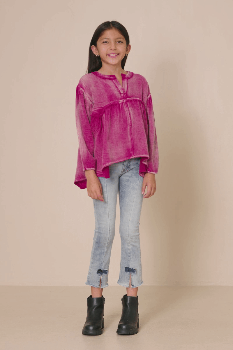 Girls Washed Raw Edge Puff Sleeve Peplum Top