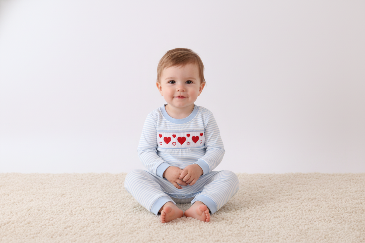 Blue Heart Smocked Stripe Romper
