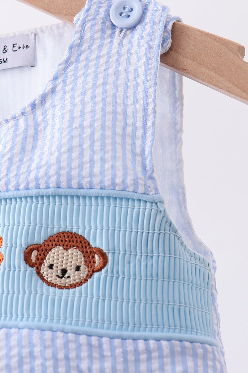 Blue Seersucker Animal Smocked Bubble