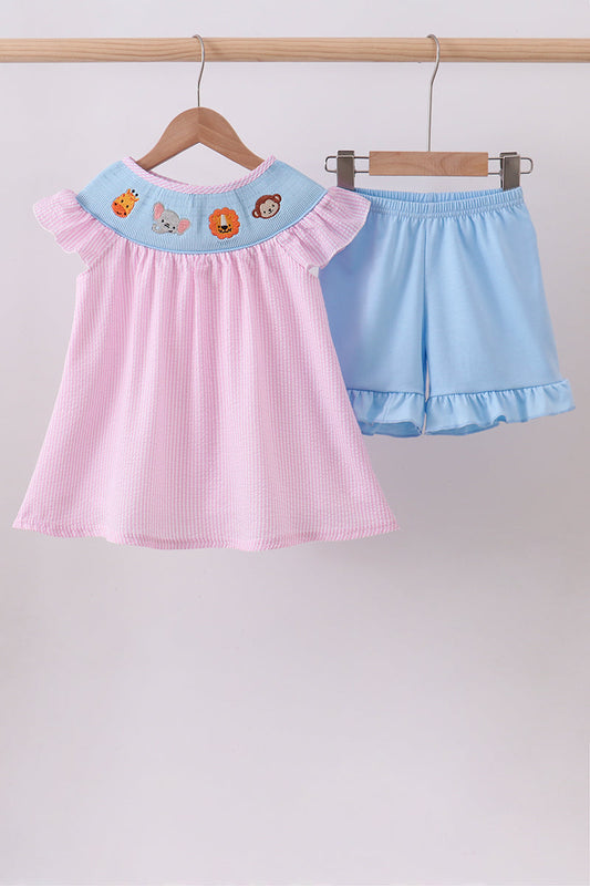 Pink Seerucker Animal Smocked Ruffle Short Set