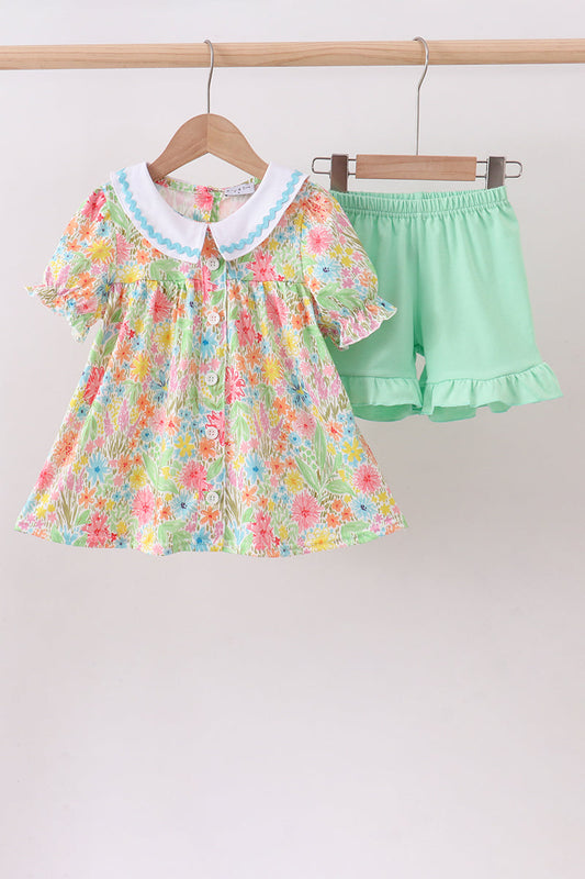 Pink Floral Print Puff Sleeve Ruffle Short Sets