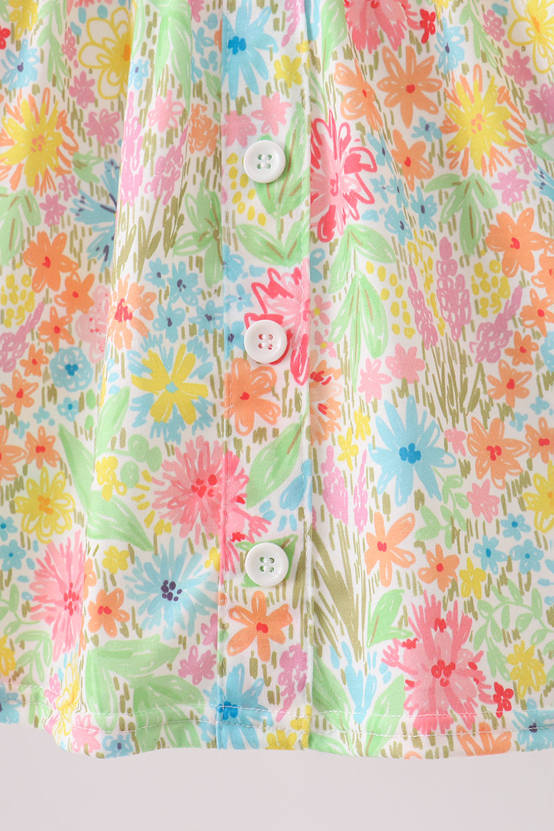 Pink Floral Print Puff Sleeve Ruffle Short Sets