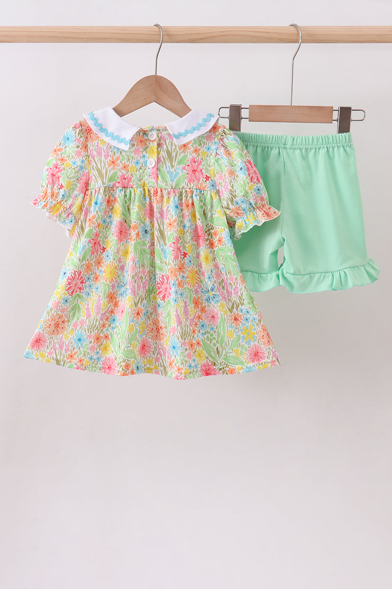 Pink Floral Print Puff Sleeve Ruffle Short Sets