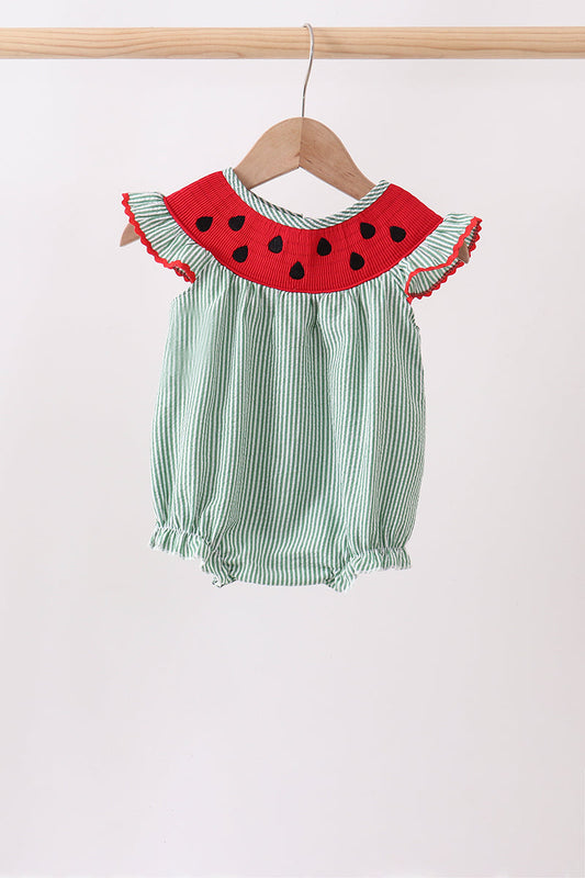 Green Watermelon Stripe Smocked Seersucker Bubble