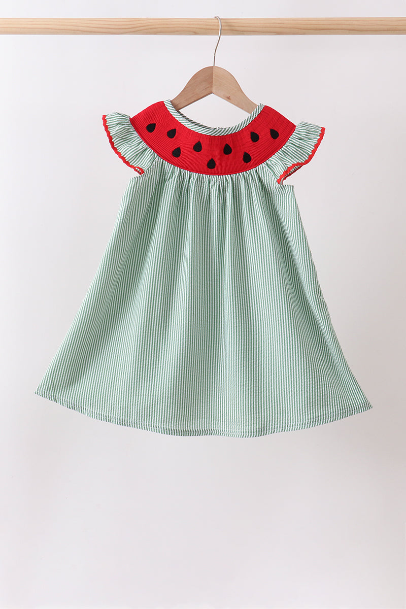 Green Watermelon Stripe Smocked Seersucker Dress