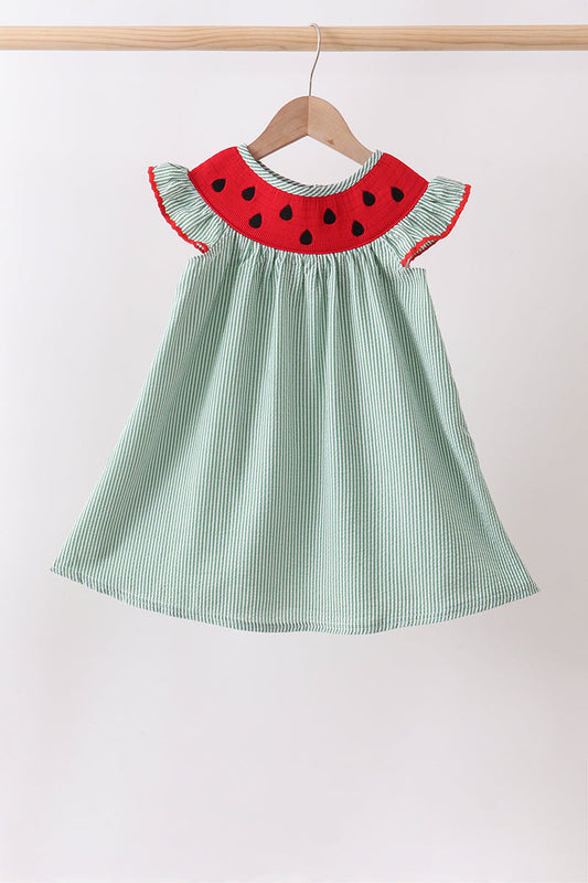 Green Watermelon Stripe Smocked Seersucker Dress