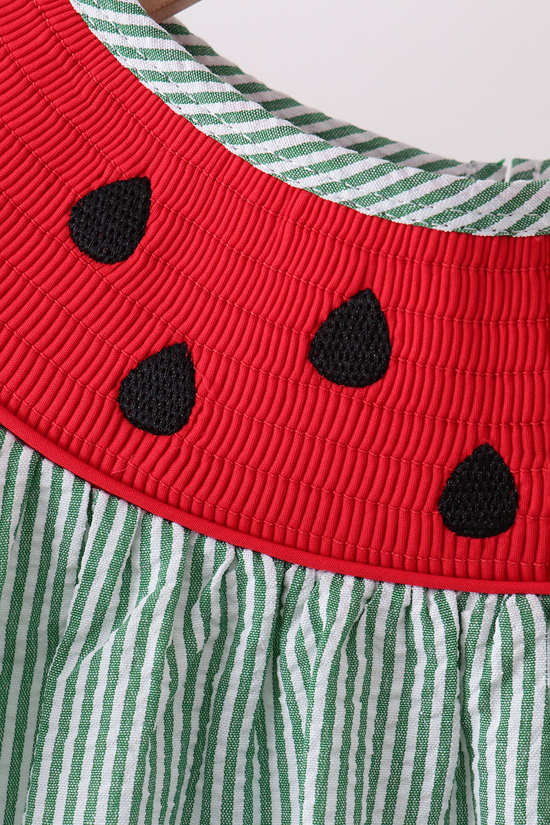 Green Watermelon Stripe Smocked Seersucker Dress