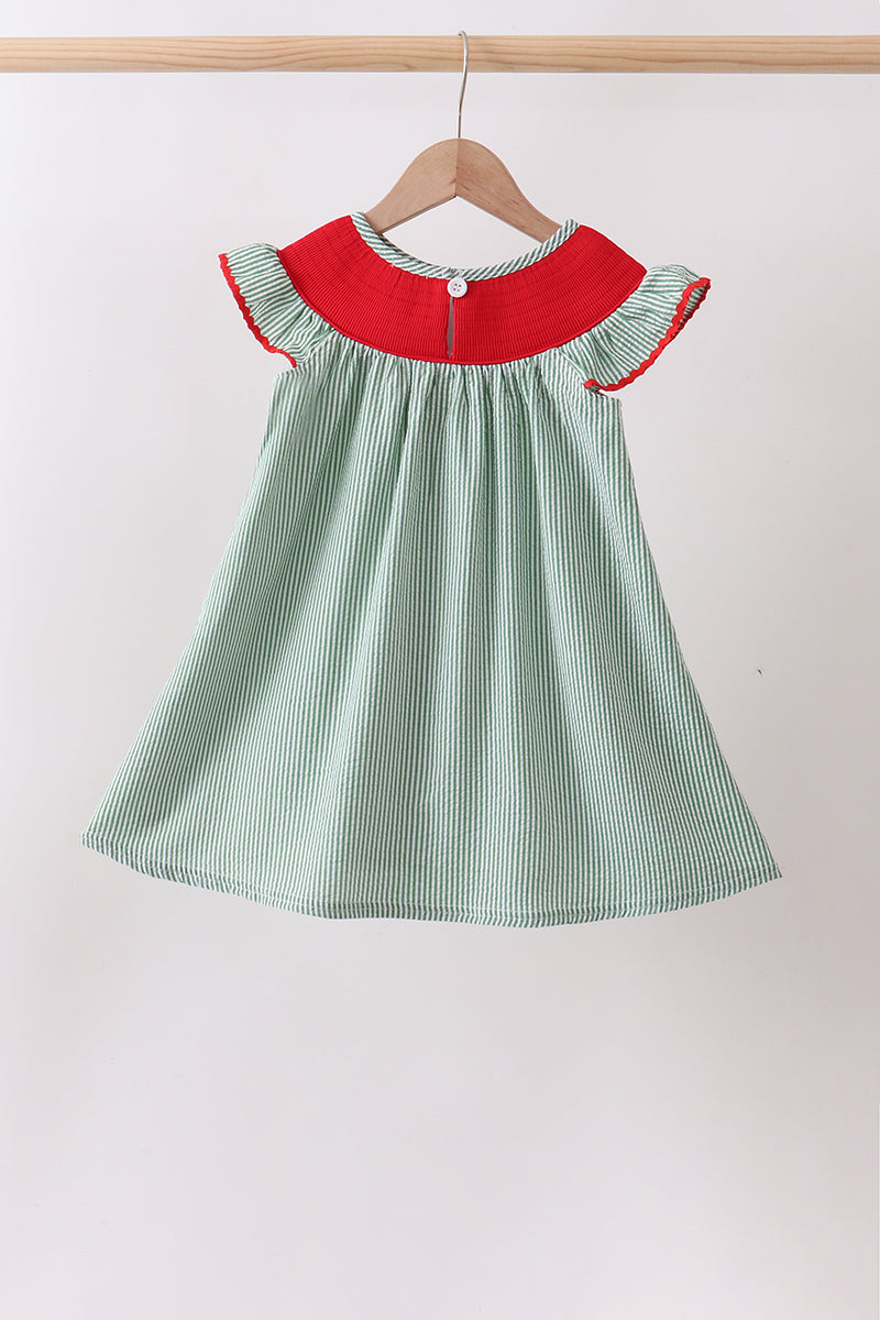 Green Watermelon Stripe Smocked Seersucker Dress