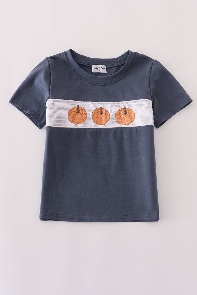 Navy Pumpkin Embroidery Smocked Top