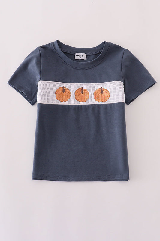 Navy Pumpkin Embroidery Smocked Top