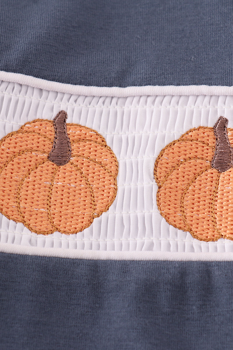 Navy Pumpkin Embroidery Smocked Top