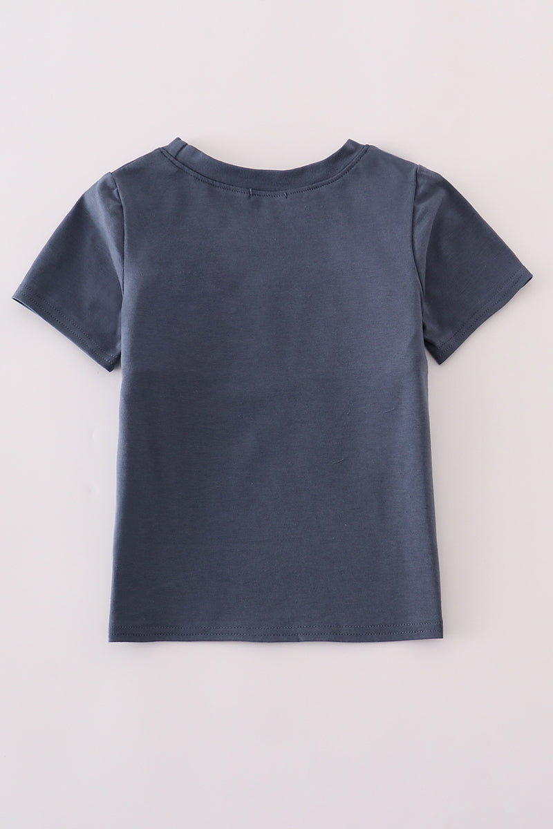 Navy Pumpkin Embroidery Smocked Top