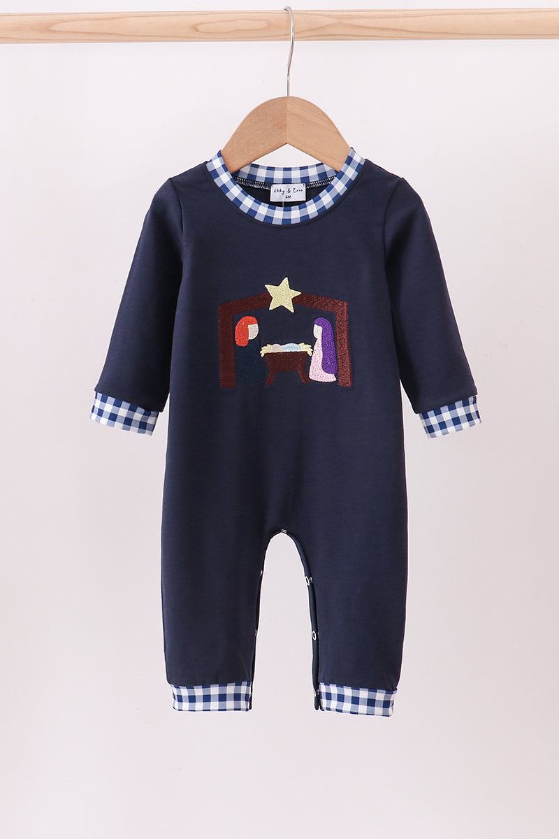 Navy Nativity Embroidery Romper