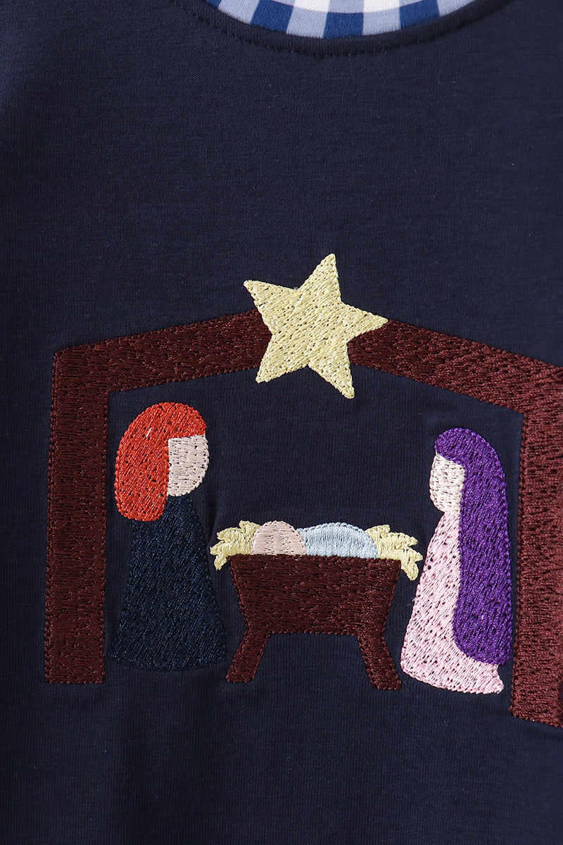 Navy Nativity Embroidery Romper