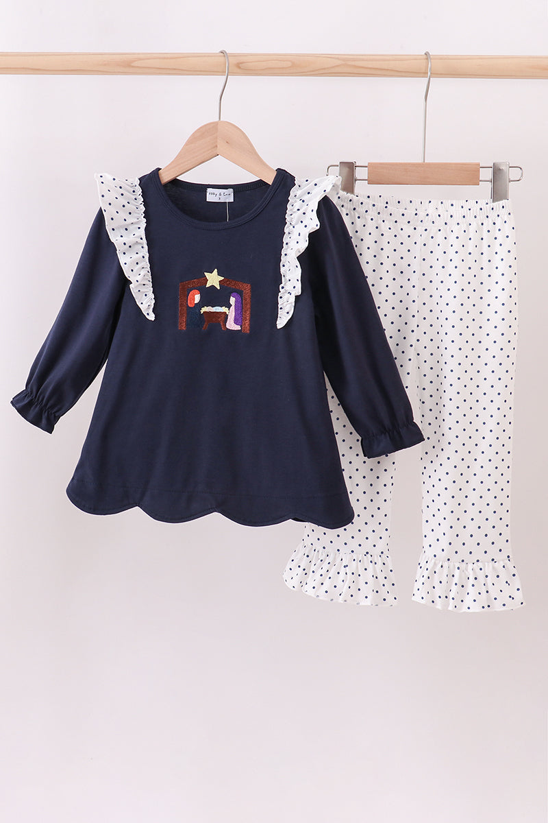 Navy Nativity Embroidery Ruffle Pant Set