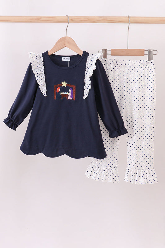 Navy Nativity Embroidery Ruffle Pant Set