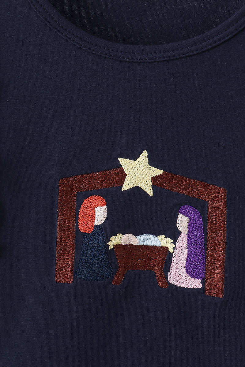 Navy Nativity Embroidery Ruffle Pant Set